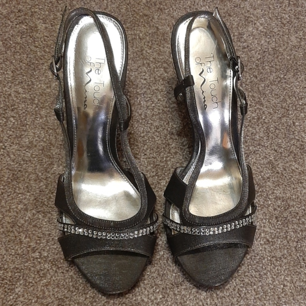 Pretty silver shimmer heels with rhinestone strap